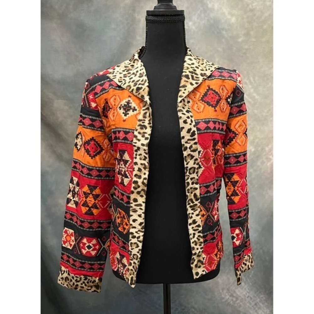 Vintage 90s August Max Silk Aztec Embroidered Leopard Trim Jacket‎ Blazer Unique